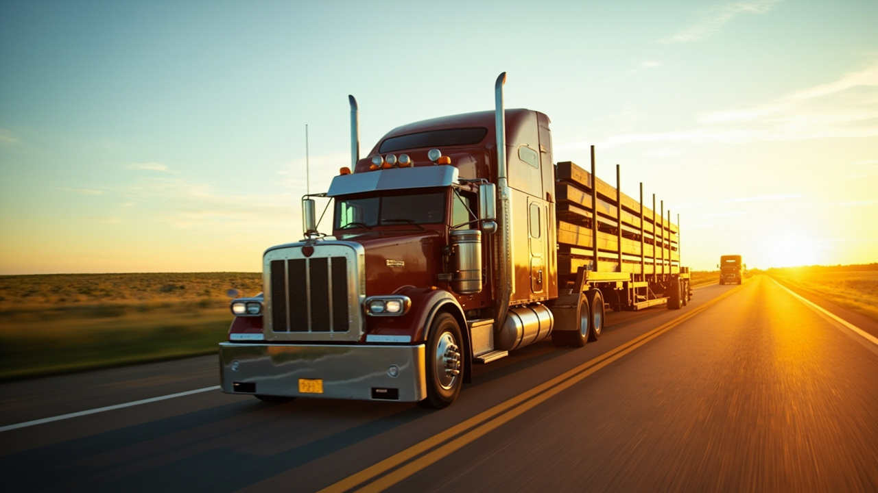 Flatbed semi truck hauling steel beams