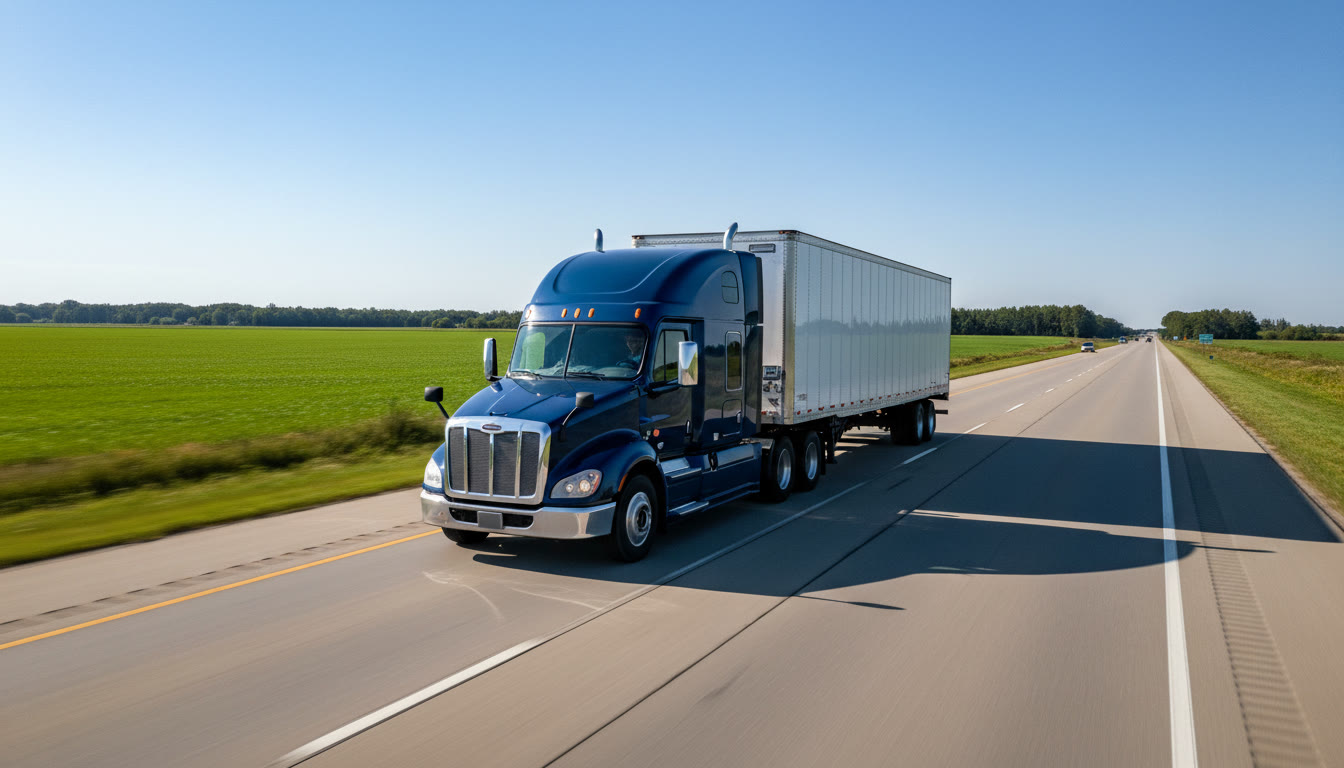 Dry van semi truck traveling a rural American interstate