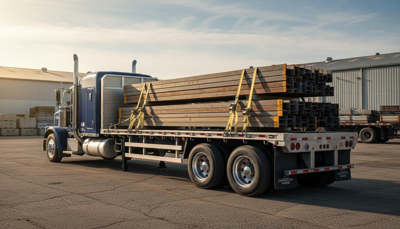 Flatbed semi truck loaded with strapped steel on an American highway