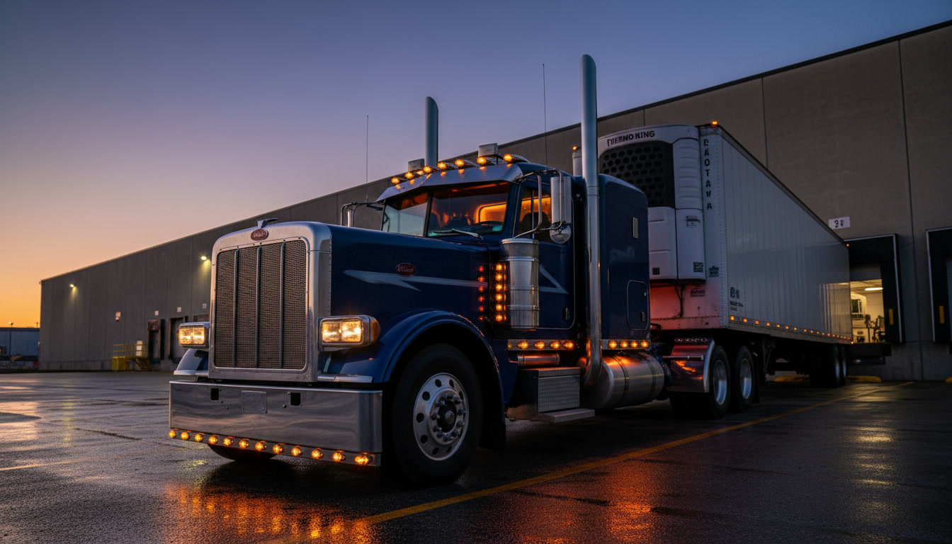 Refrigerated semi truck at a distribution dock